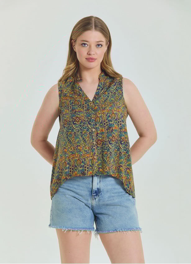 Shirt Collar Asymmetric Cut Petrol Bohemian Blouse 4563